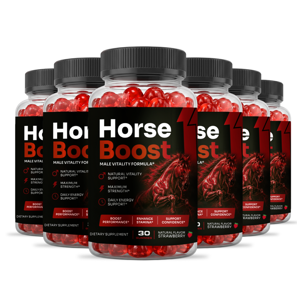 Six bottles of Horse Boost male vitality gummies displayed as a value pack for natural energy and stamina support.