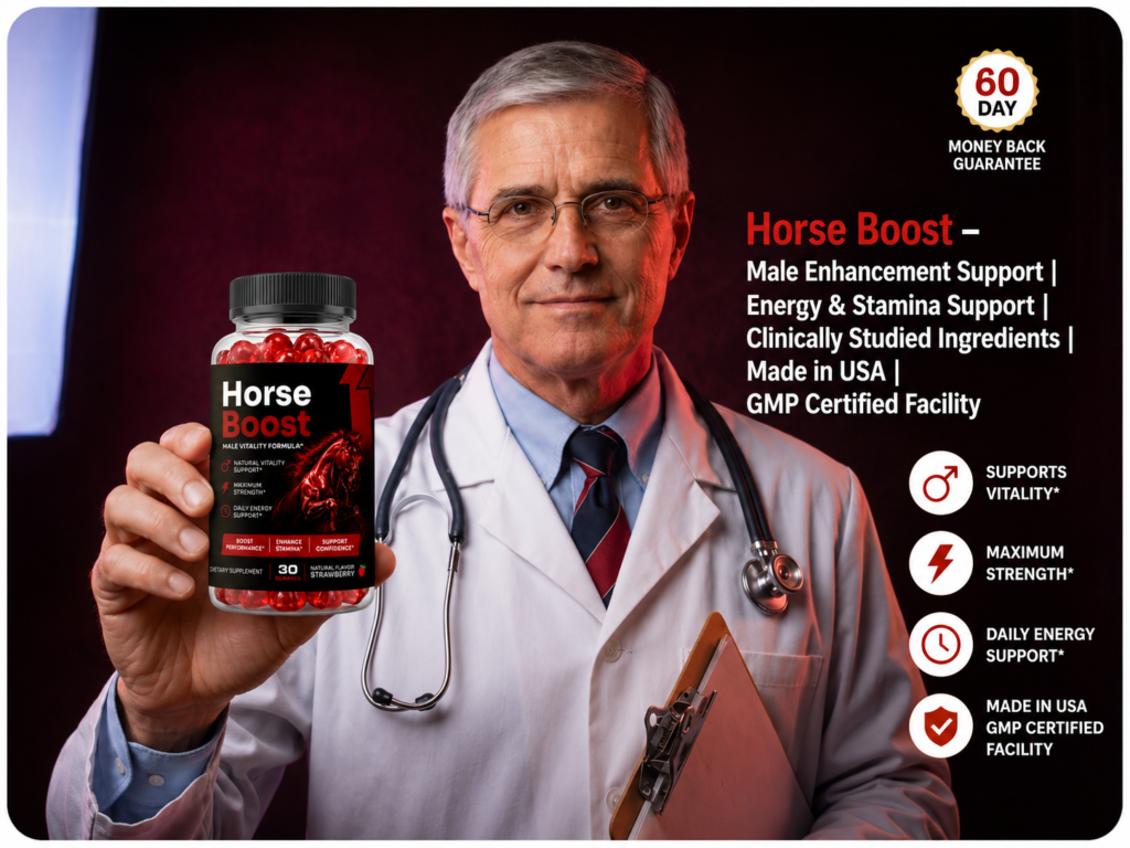 Doctor in a white coat holding a bottle of Horse Boost male vitality gummies with a 60-day money-back guarantee badge and key product benefits.