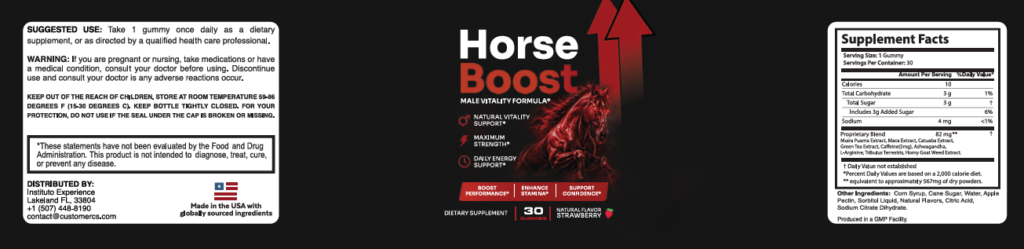 Official product label for Horse Boost male vitality gummies displaying supplement facts, usage instructions, ingredients list, and manufacturing details.