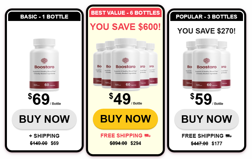 Multiple bottles of Boostaro supplement showcasing a special promotion discount offer with free shipping.